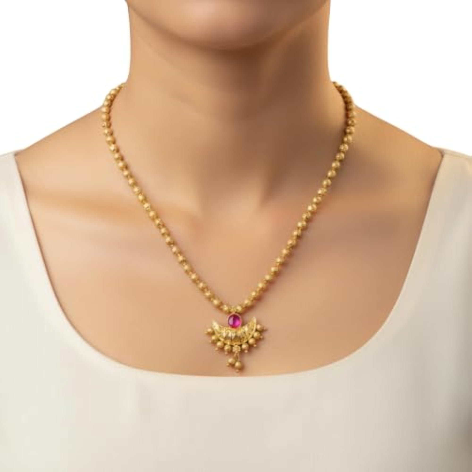 Women's Traditional Gold-Plated Beaded Pendant Necklace, Ethnic Style